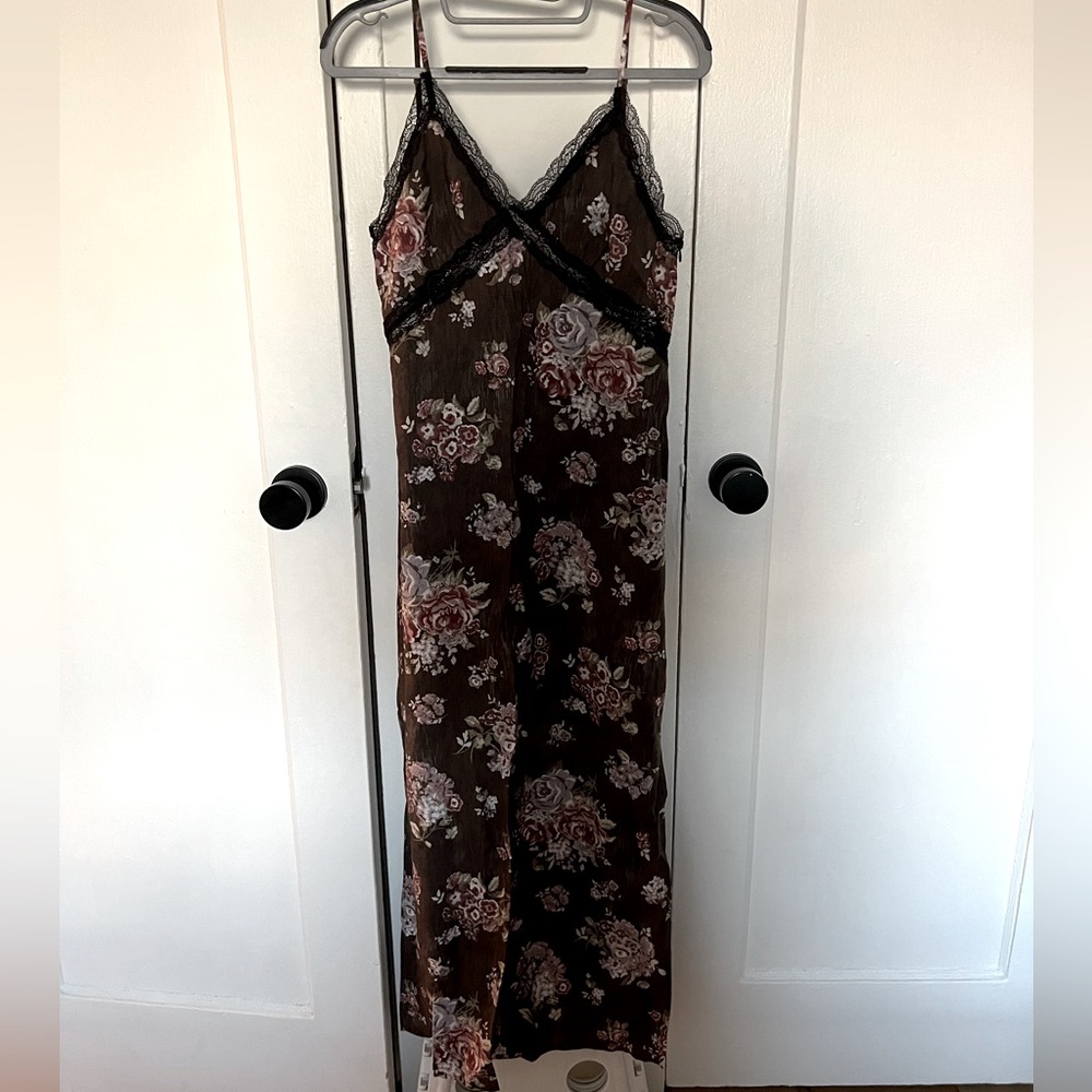Brock Collection Floral Lace-Trim Brown Maxi Dress